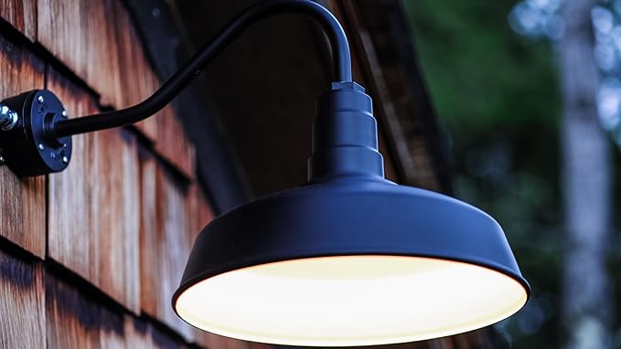 Steel Lighting Co. | Dusk to Dawn | Gardena Barn Light | Outdoor Wall Mounted | 16" Dome | 16" Gooseneck | Farmhouse Light Made in America | Matte Black Exterior/Brass Interior