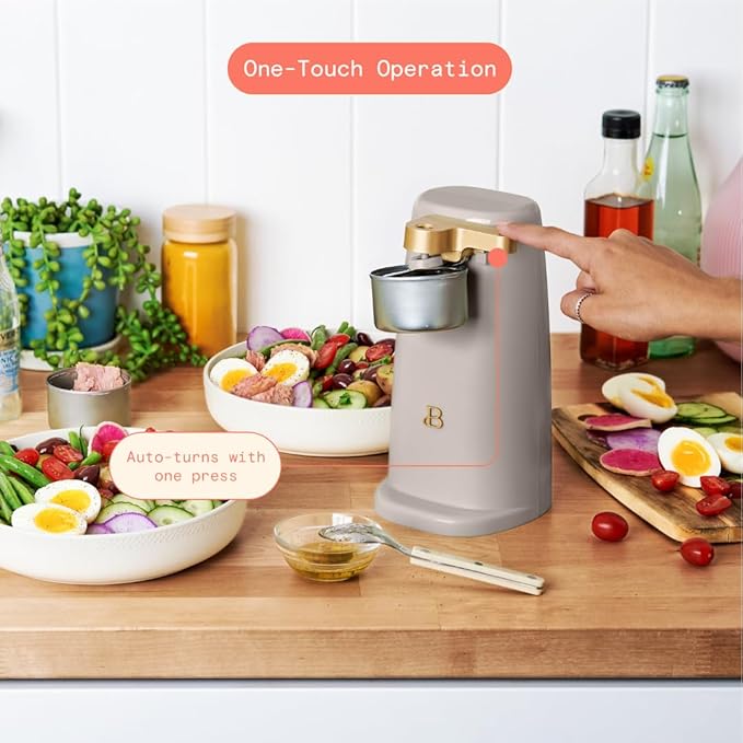 Beautiful Electric Can Opener with Auto-Turn, Magnetic Lid Holder, Knife Sharpener, Bottle Opener, Removable Lever, Cord Storage, No-Tilt Base, Stainless Steel Blade, 70W (Porcini Taupe)