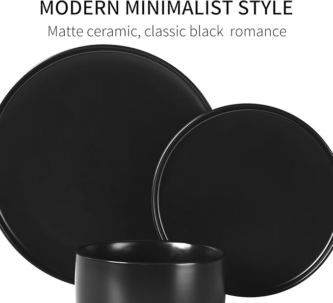 GZG Classic Series - Plates and Bowls Set for 6, 18 Piece Stoneware Dinnerware Sets, Microwave and Dishwasher Safe Lead-Free Handcrafted Ceramic Dishes Set - Matte Black