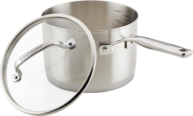 KitchenAid 3-Ply Base Brushed Stainless Steel Sauce Pan/Saucepan with Lid, 3 Quart - Brushed Stainless Steel