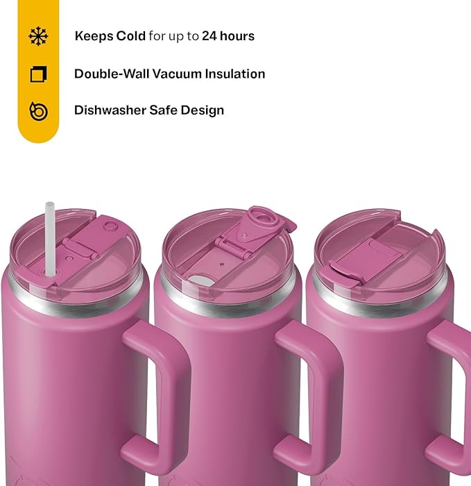 RTIC 64oz Road Trip Tumbler with Handle, Lid and Straw, Ceramic Lined, Insulated, Stainless Steel, Double Wall Vacuum-Insulation, Travel Cup, Orchid