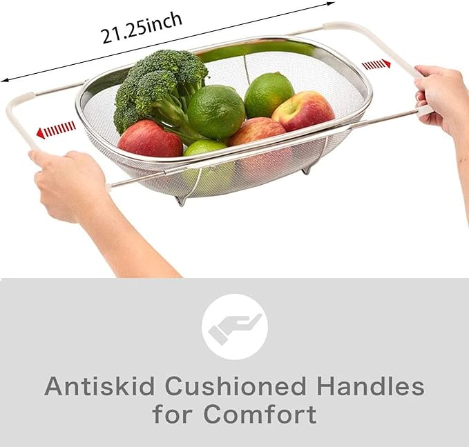 Over The Sink Colander, 6 Quarts Stainless Steel Oval Colander with Expandable Rubber Grip Handle, Fine Mesh Strainer Baskets Kitchen Colanders for Strain, Drain, Rinse Vegetable, Fruits, Beige