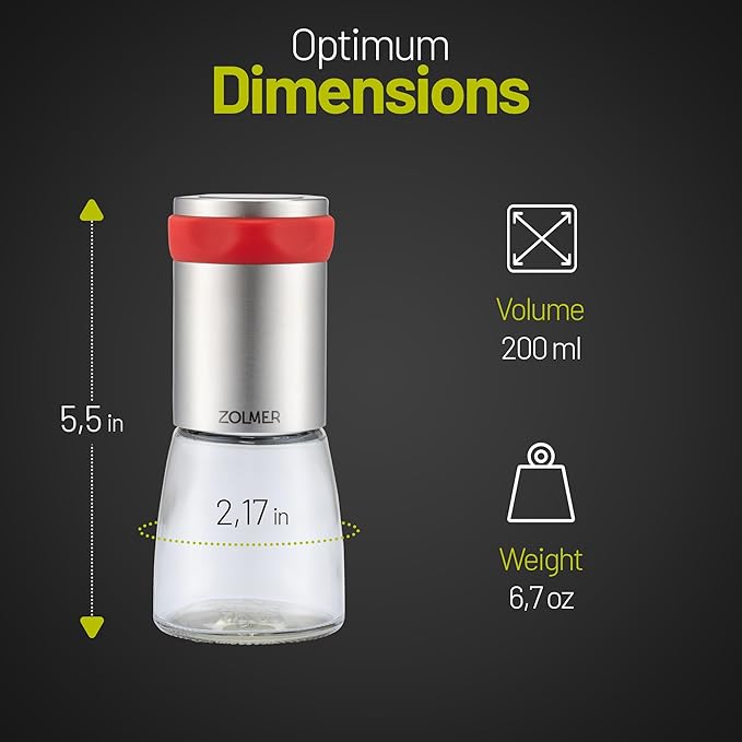 ZOLMER® Chili Pepper Grinder Stainless steel & glass | Hot pepper grinder cutting unit for coarse spices & chili with aroma protection lid