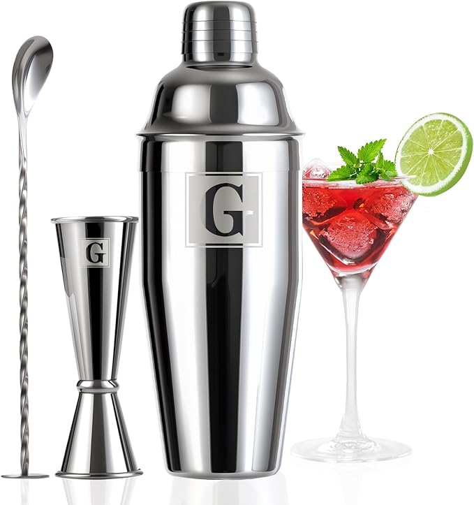 24oz Cocktail Shaker Set with 1 oz 2oz Jigger - Monogramm Initials Martini Shaker Set - 304 Stainless Steel Bar Shaker for Margarita,Mojito-Personalized Gift for Friend,Husband-G