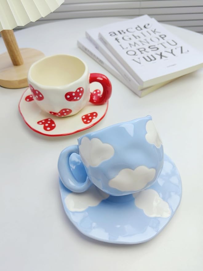 Coffee Mug Set with Saucer Cute Red Hearts Cup Gifts for Women for Birthday Tea Coffee Mug Saucer 250 ML Ceramic Cup Birthday Gift for Women Girls Mom Friend Coffee Mug aucer Set