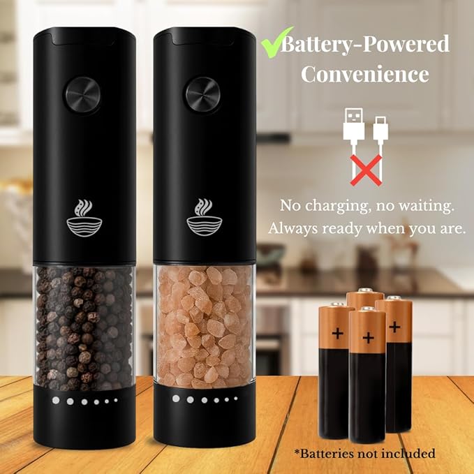 Electric Salt and Pepper Grinder Set - Automatic 3A Battery Pepper Mill Shakers - Upgraded Adjustable Coarseness with Led & Large Capacity - Built-in LED Light - 2 Pack