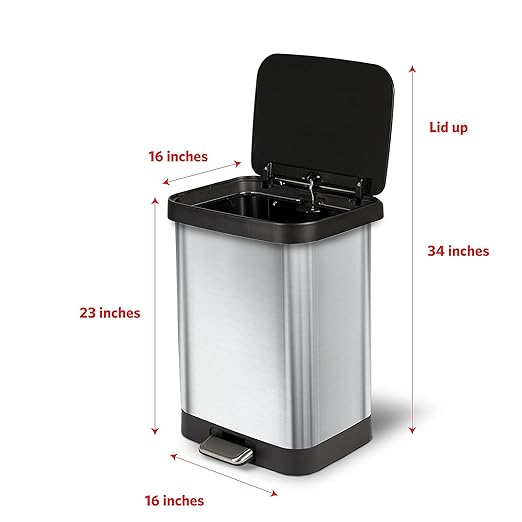 Glad GLD-74506 Stainless Steel Step Trash Can with Clorox Odor Protection | Large Metal Kitchen Garbage Bin with Soft Close Lid, Foot Pedal and Waste Bag Roll Holder, 13 Gallon, Stainless