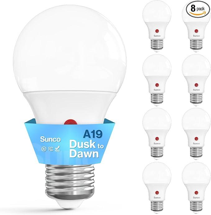 Sunco 8 Pack Dusk to Dawn LED Outdoor Light Bulb A19, Photocell Automatic for Exterior Lighting, 800 LM, 9W (60W Eqv.), 4000K Cool White, Auto On/Off Sensor, IP65 Rated UL