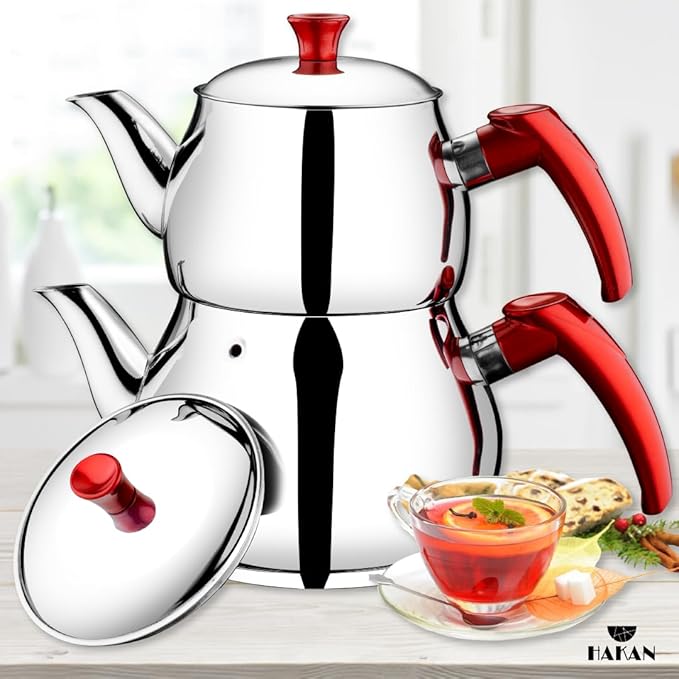 Hakan Stainless Steel 3.2 L, 107 Oz, Maxi Double Bondy Tea Pot Set with Self Strainer Double Lids, Turkish Samovar Style Teapot Set, Tea Kettle for Loose Leaf Tea with Red Bakelite Handle 3.3-Quart