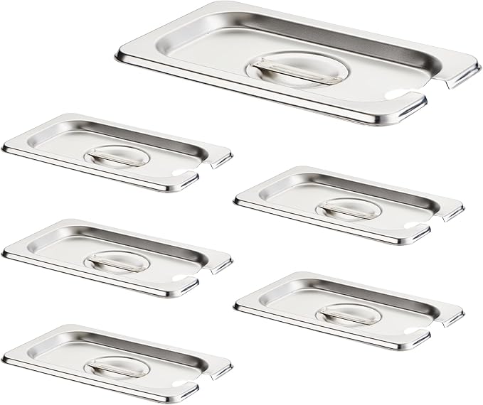 HECMAC 6-Pack 1/9 Size Slotted Hotel Pan Cover, Stainless Steel Solid Steam Table Catering Food Pan Lid with Handle