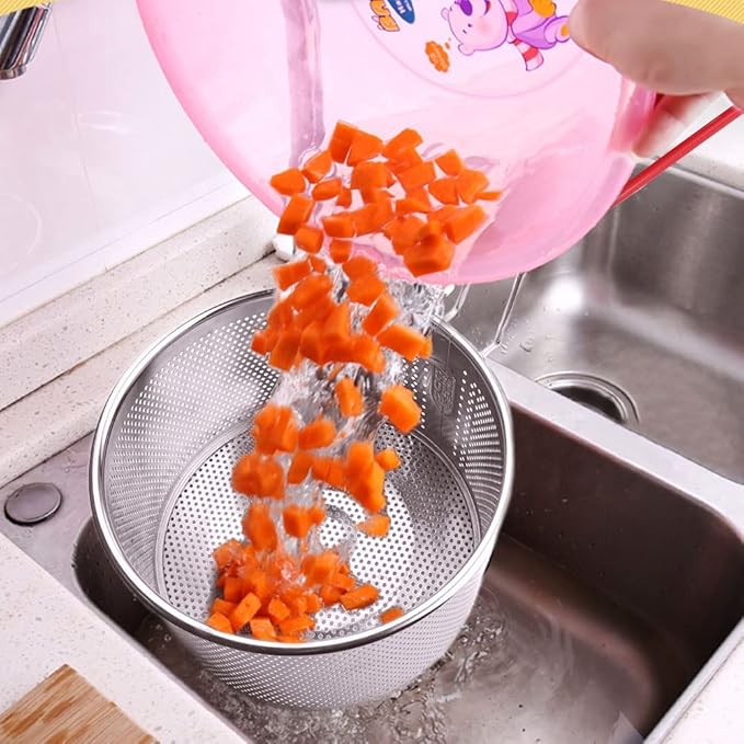 Tenta Kitchen 18/8(304) Stainless Steel Large Fine Mesh Strainer Micro-Perforated Flat Buttom Colander Stainless Steel Punched - Designed for Chef Commercial and Your Home 7.1 Inch/18 cm Diameter