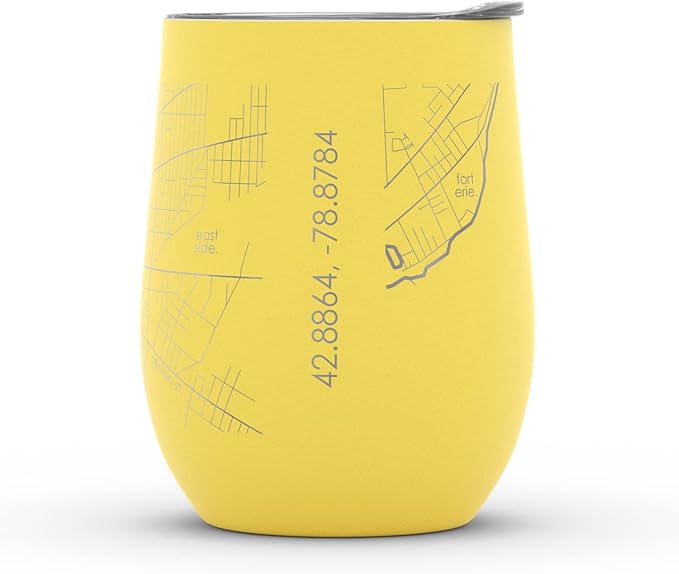 Well Told Engraved Buffalo New York Map Insulated Wine Tumbler, Etched Stainless Steel Cup (12 oz, Sunrise Yellow) City Map Insulated Tumbler, Custom Insulated Tumbler, Outdoor Drinkware