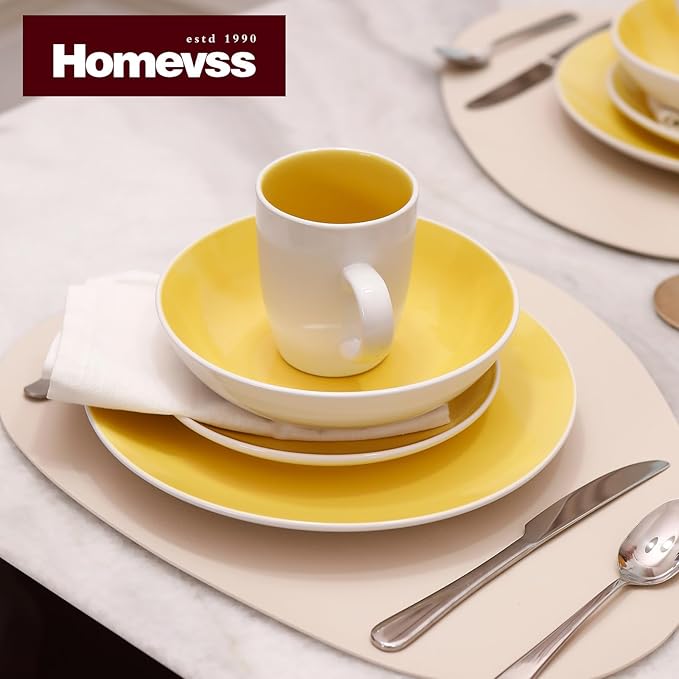 Stoneware Coupe Shape 12pc Dinnerware Set, Outside White + Inside Yellow