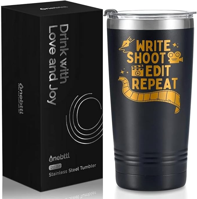 Onebttl Aspiring Filmmakers Gift, Director Gift, Theater Gifts on Filmmaker Day, Birthday and Christmas, 20 oz Insulated Stainless Steel Tumbler - Write shoot edit repeat