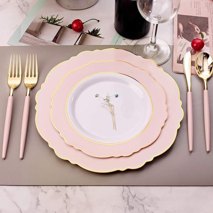 WDF 30Guest Pink Plates Disposable - Hign-end Baroque Design - Gold Plastic Silverware with Handle-Baroque Pink &Gold Plastic Dinnerware for Valentine's Day/Wedding