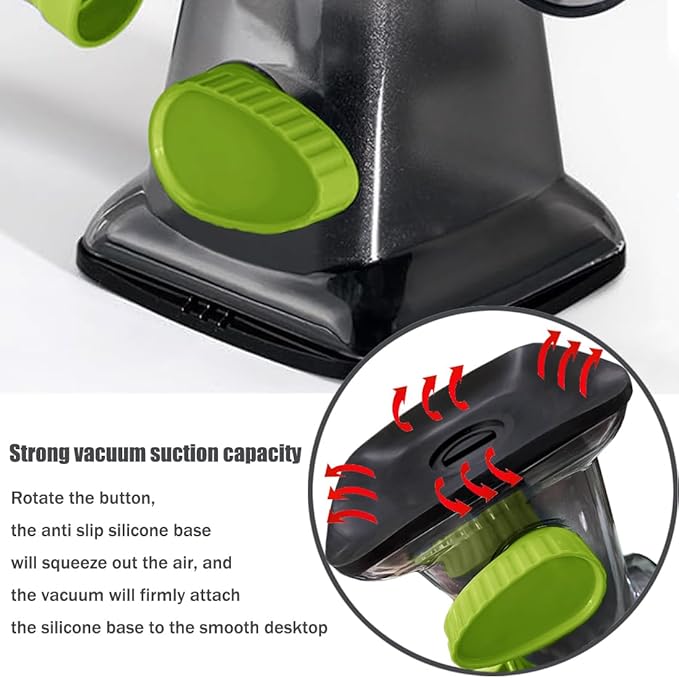 Rotary Cheese Grater Shredder with Handle Handheld Round Mandoline Vegetable Slicer Carrot Shredder Nut Grinder with 3 Replaceable Stainless Steel Drum Blades and Upgrade Strong Suction, Grey/Green