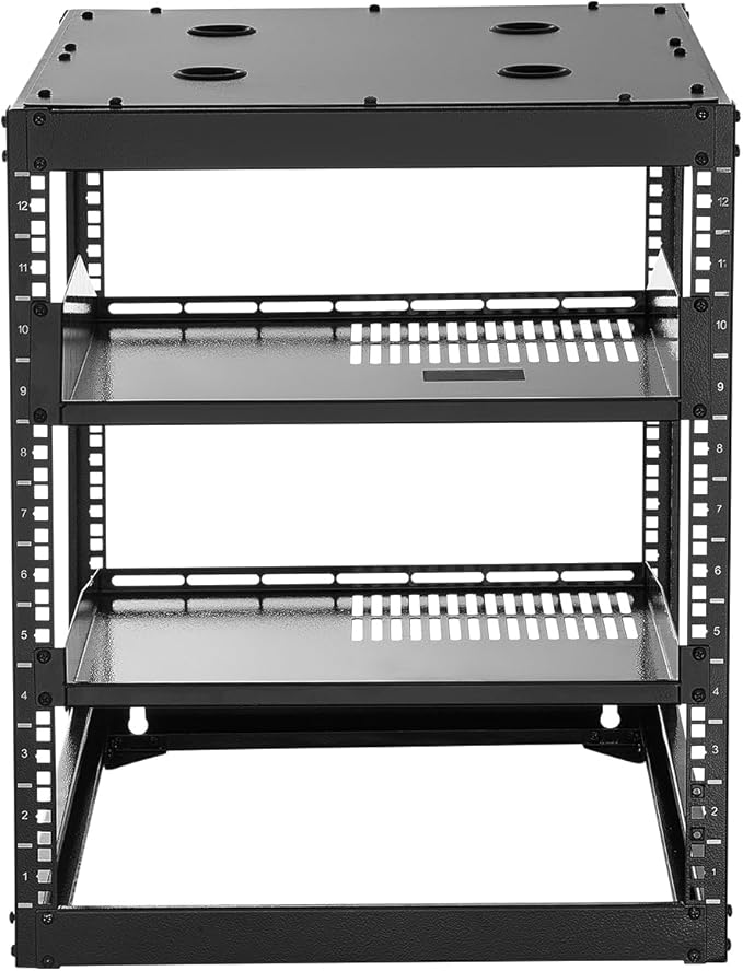 VEVOR 12U Server Rack, Open Frame Network Rack for IT & AV Gear, Floor Standing or Wall Mounted,with 2PCS 1U Rack Shelves & Mounting Hardware, AV Rack for 19" Networking,Audio and Video Device