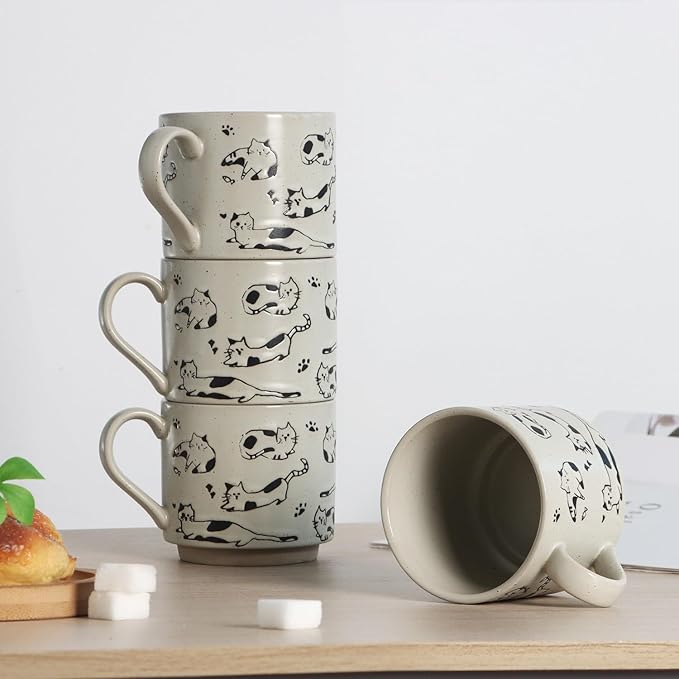Stackable Coffee Mugs Set of 4, Aesthetic Cute 10 OZ Small Ceramic Espresso Cups Vintage Stoneware Tea Cup for Cappuccino Latte, Cat