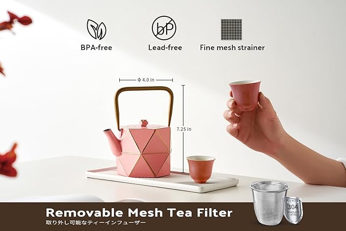 Toptier Cast Iron Teapot, Stovetop Safe Japanese Cast Iron Tea Kettle, Diamond Design Tea Pot with Removable Infuser for Loose Tea, 30 Ounce (900 ml), Pink
