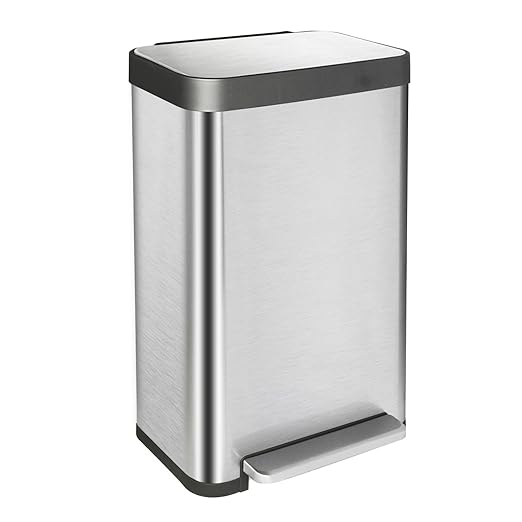 13 Gallon Stainless Steel Trash Can with Removable Inner Bucket, Soft Close & Stay Open Lid, Step-on Pedal – Modern Kitchen Garbage Can for Home, Office, or Commercial Use