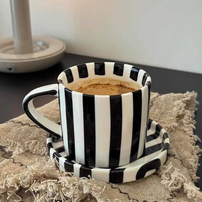 8Oz Stylish Handmade Vertical Striped Coffee Mug Espresso Cups With Saucer, Hand painted Esthetical Ceramic Cappuccino Mugs, Glazed Tea/Coffee Cup, Microwave safe Latte art mug (Black)