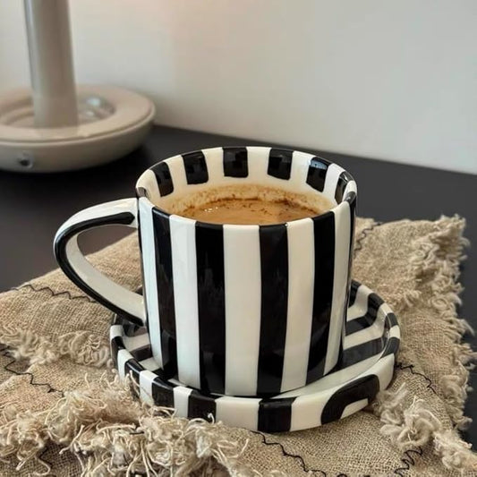 8Oz Stylish Handmade Vertical Striped Coffee Mug Espresso Cups With Saucer, Hand painted Esthetical Ceramic Cappuccino Mugs, Glazed Tea/Coffee Cup, Microwave safe Latte art mug (Black)