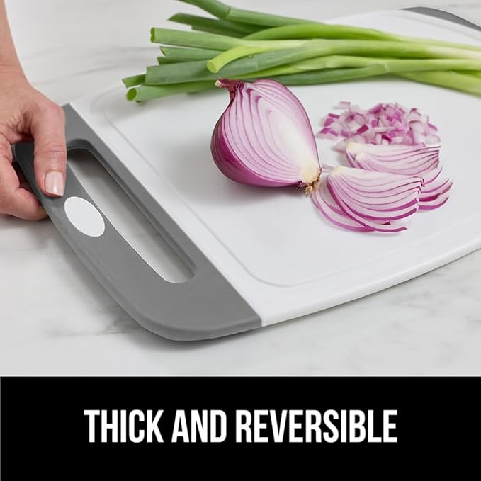 GORILLA GRIP BPA-Free Reversible Kitchen Cutting Board Set of 3, Nonporous, Juice Grooves to Catch Liquid, Slip Resistant Handle Border, Dishwasher Safe, Durable Large Food Chopping Boards, Gray
