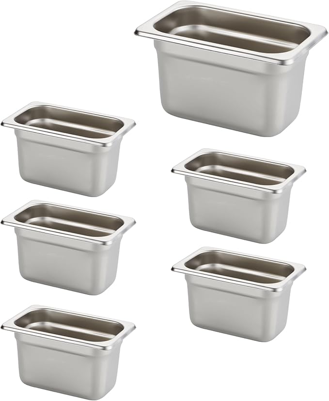 HECMAC 6 Pack Anti-Jam Hotel Pans, 1/9 Size 4 Inch Deep, Commercial Stainless Steel Chafing Steam Table Pan, Catering Storage Metal Food Pan