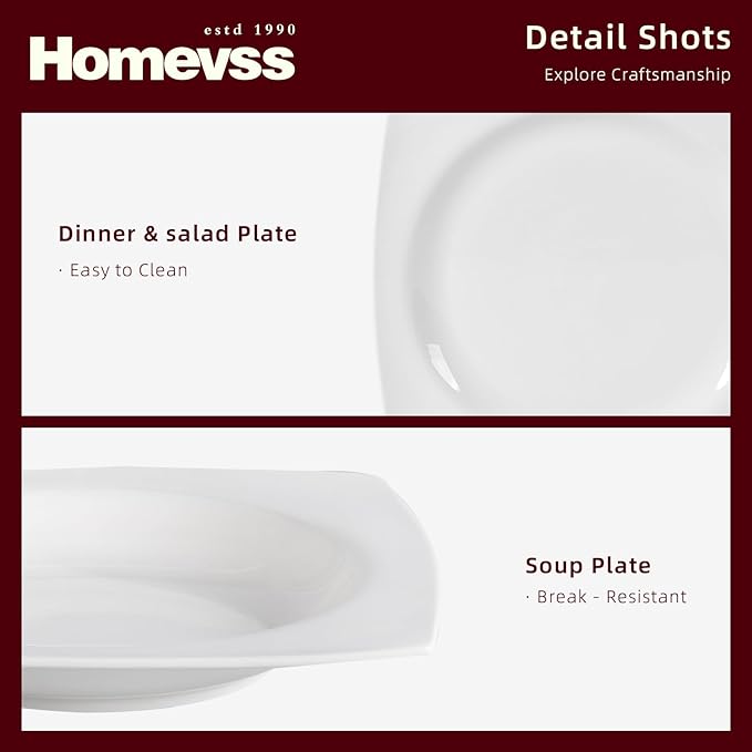 HomeVss, New Bone China Dinnerware SEt, Rim Square Shape, 40pc Set