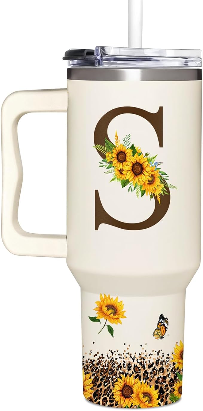 Personalized Birthday Gifts For Women - Sunflowers Monogrammed Cup For Boss Day, Christmas - Customized Gifts For Women, Mom, Wife, Coworkers, Boss Lady, Her - Custom Tumbler With Handle 40oz