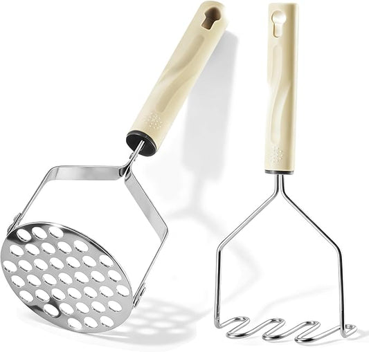 Potato Masher Stainless Steel, 2pcs Heavy Duty Mashed Potato Mashers - Masher Kitchen Tool & Food Mashers for Potatoes, Beans, Avocado, Meat, Vegetables Dishwasher Safe