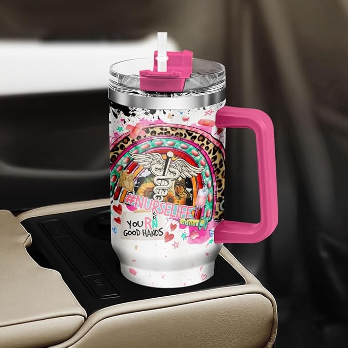 Coffee Straws Student Practitioner Cup Er Cups Leopard Travel Women Nurses Print For, Nurse Gifts, Tumbler 40 Oz With Handle Lid And Straw, Nurse Rainbow Collaboration