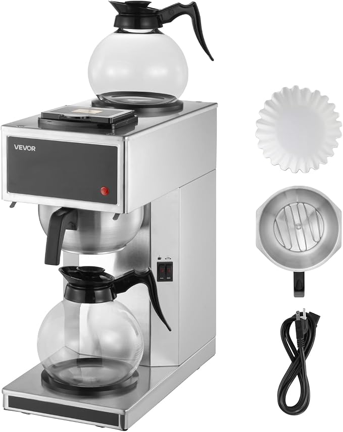 VEVOR Commercial Drip Coffee Maker, 12 Cups Coffee-Maker Machine with 2 Glass Carafes and 2 Decanter Warmer Plates, Stainless Steel Drip Style Coffee Brewer, for Restaurant, Office, Coffee Shop & Home