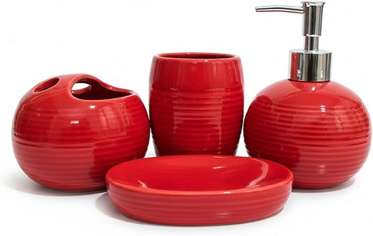 4Pcs Red Bathroom Accessories Set, Modern Ceramic Soap Dispenser, Toothbrush Holder, Tumbler and Soap Dish for Home and Apartment