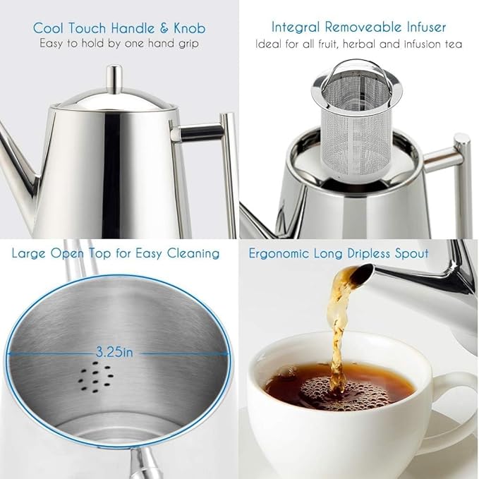 Easyworkz Stainless Steel Teapot With Removeable Infuser 50 oz (1500ml) Stovetop Tea Maker for Fruit Herbal and Infusion