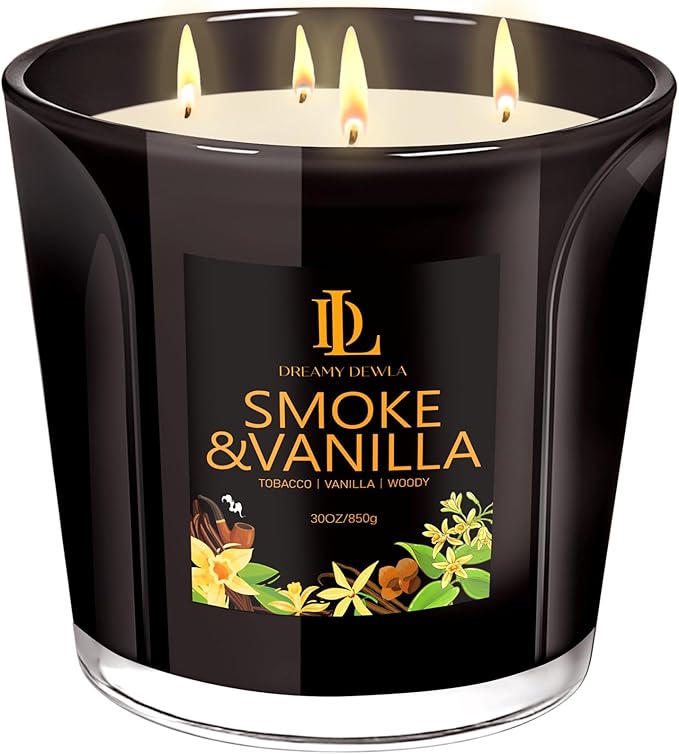 Smoke & Vanilla Scented Candle, Large 30oz Natural Soy Candles, 4-Wick 80 Hour Burn Time, Home Fragrance Candles Housewarming Gift for Women Men