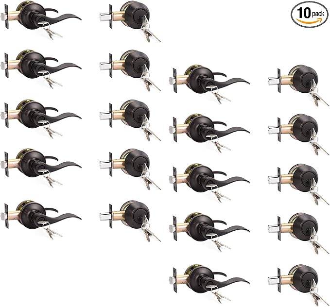 KNOBWELL 10 Pack Front Door Entry Lever Lockset with Single Cylinder Deadbolt Exterior Door Lock Set with Deadbolt, Oil Rubbed Bronze (Keyed Alike)