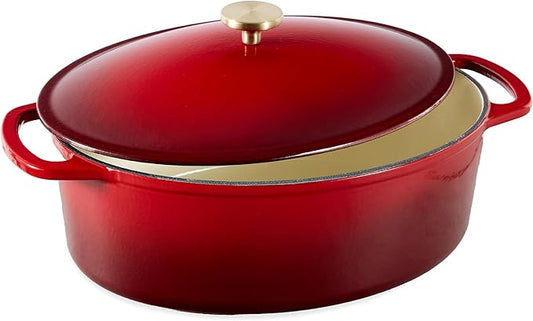 Best Choice Products Oval 7.5 Quart Enamel Cast-Iron Dutch Oven, Heavy-Duty Pre-Seasoned for Baking, Cooking w/Side Handles – Red
