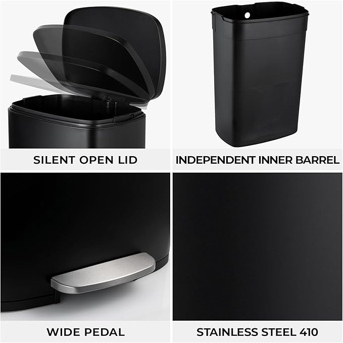 13.2 Gal Kitchen Trash Can, 50L Recycling or Garbage Bin, Brushed Stainless Steel Waste Basket, Soft&Quiet Close Dustbin, with Step-On Pedal, Removable Inner Bucket, for Home, Office, Living Room