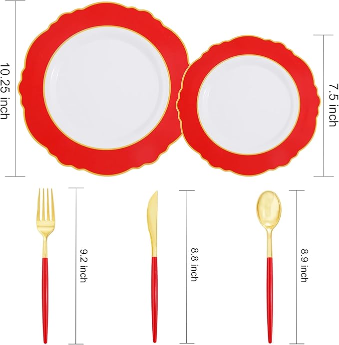 WDF 30Guest Red Christmas Plates - Gold Plastic Silverware With Red Handle - Christmas Plates Disposable- Baroque Plastic Dinnerware for Party