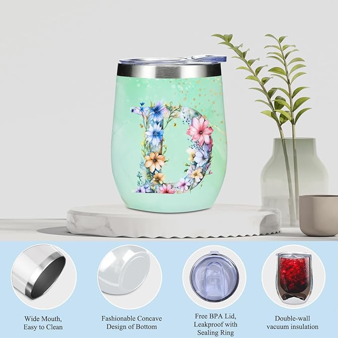 Personalized Gifts Monogrammed Birthday Gifts for Women, Niece Auntie Boss Teacher Appreciation Christmas Initial Wine Tumbler Makeup Bag Scented Candle Bracelet Set, (Aesthetic Green Flower D)