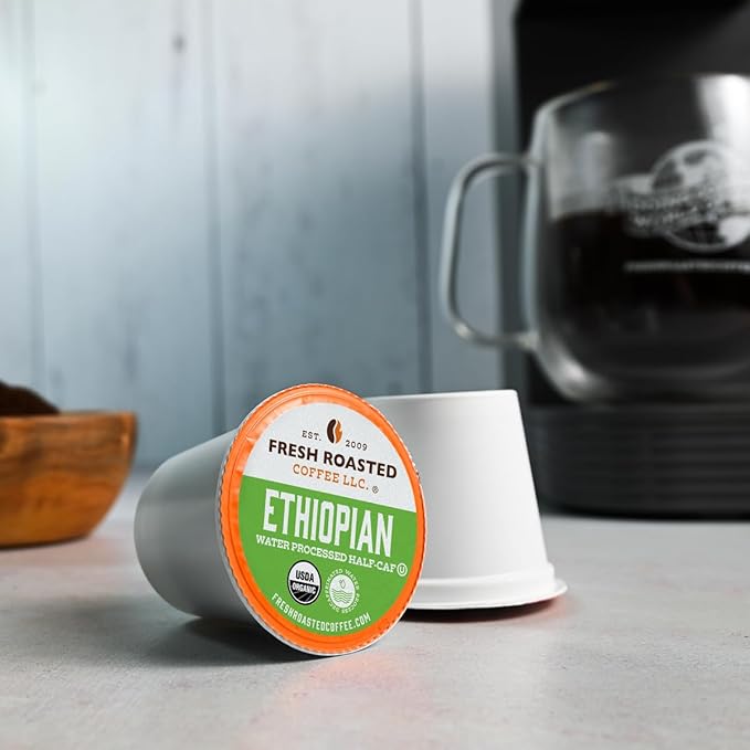 Fresh Roasted Coffee, Organic Ethiopian Sidamo Water-Processed Half-Caf | USDA Organic, 100% Single Origin, Kosher | Medium Roast 24 Pods for K Cup Brewers