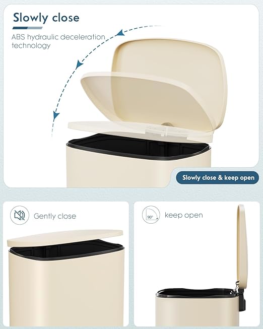 Arlopu 13.2+1.3 Gallon Step Trash Can, Stainless Steel Garbage Bin, Soft-Close Rubbish Bin with Removable Plastic Inner Bucket, Fingerprint-Proof, Lid Dustbin, for Kitchen Home (Beige)