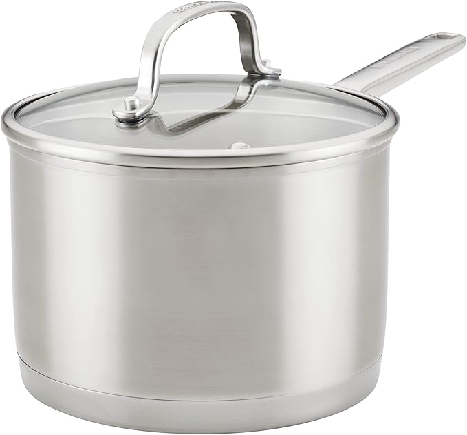 KitchenAid 3-Ply Base Brushed Stainless Steel Sauce Pan/Saucepan with Lid, 3 Quart - Brushed Stainless Steel