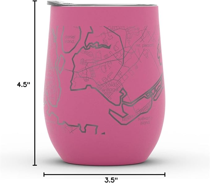 Well Told Engraved Charleston South Carolina Map Insulated Wine Tumbler, Etched Stainless Steel Cup (12 oz, Sunset Pink) City Map Insulated Tumbler, Custom Insulated Tumbler, Outdoor Drinkware