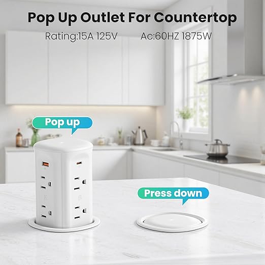 VILONG Pop Up Countertop Outlet with 15W Wireless Charger,4 USB Ports,8 Outlets,Space-Saving Concealed Design,Pop up Outlet for Conference Table,Kitchen Countertop (ETL Listed)