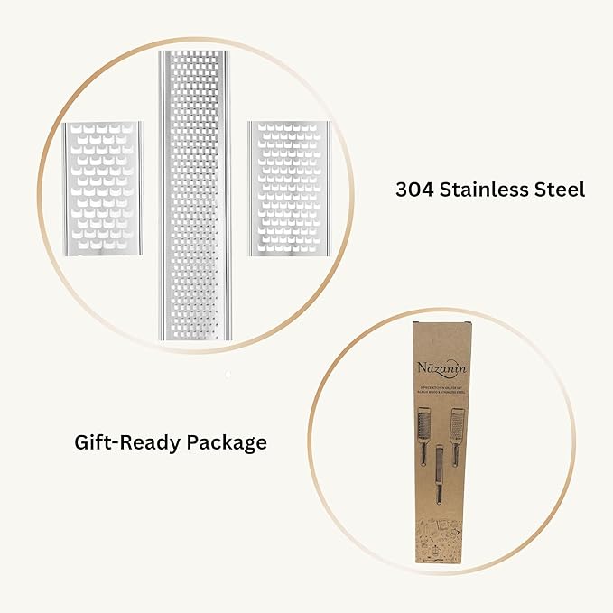 NAZANIN Grater Set of 3 – 304 Stainless Steel Cheese Grater, Zester & Vegetable Grater with Acacia Wood Handles – Handheld Kitchen Graters for Garlic, Ginger, Lemon, Nutmeg & more
