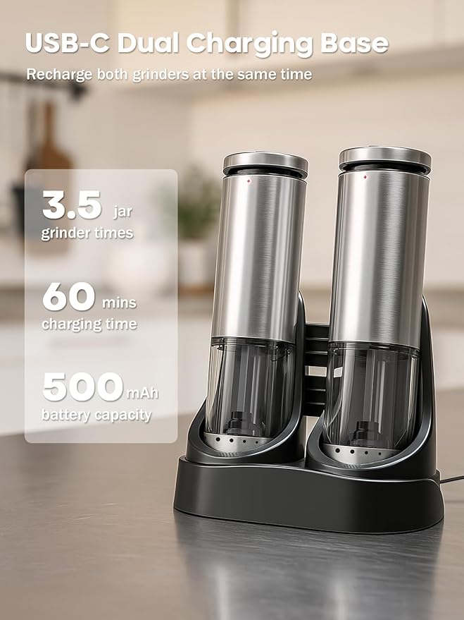 Electric Salt and Pepper Grinder Set with Charging Base: Rechargeable Automatic Salt and Pepper Grinder Set with External Adjustable Coarseness, Stainless Steel Electric Salt and Pepper Shakers,Sliver