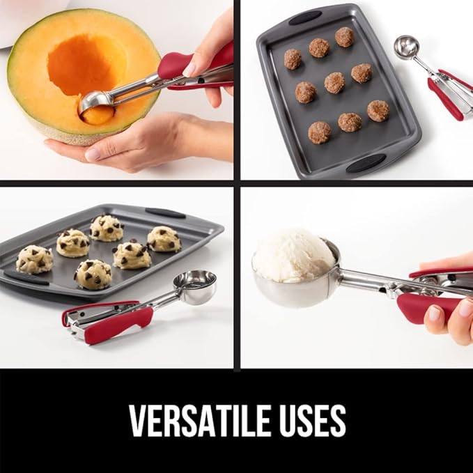 GORILLA GRIP BPA-Free Stainless Steel Cookie Scoop, 1 TBSP Scooper #60, Soft Grip Handle, Easy Food Release, Create Even Portion Sizes, Multipurpose Kitchen Melon Baller, Meatball Spring Scoops, Red