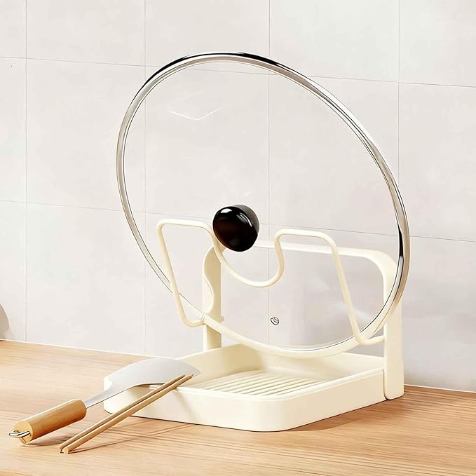 DOTH Kitchen Pot Lid Storage Rack, Stainless Steel Pot Lid Holder While Cooking with Removable Drip Tray, Upright Lid Holder While Cooking for Countertop Organization (White - Single Layer)